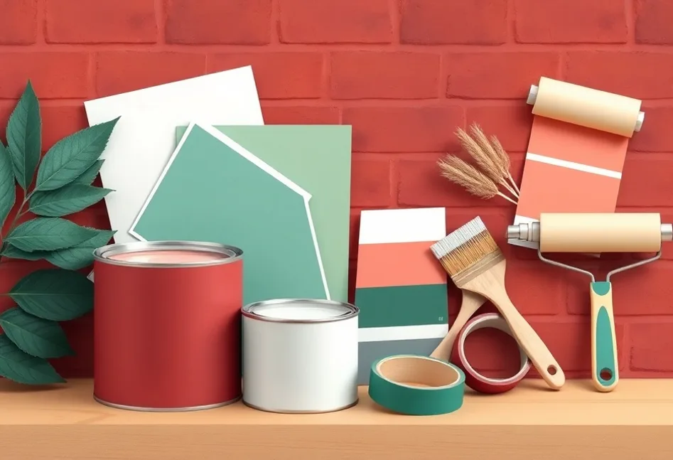 Pots de peinture, nuancier, brosses et rouleaux disposés à plat