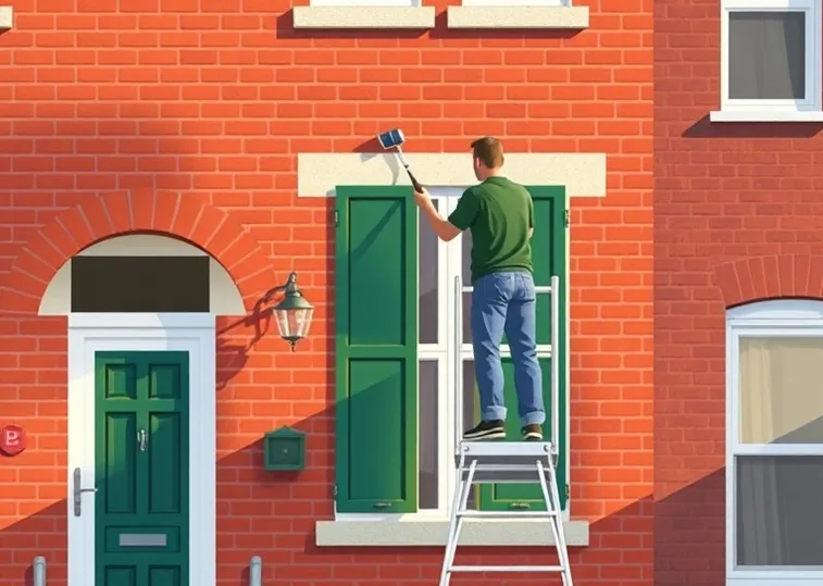Peintre sur échafaudage traitant la façade d'une maison
